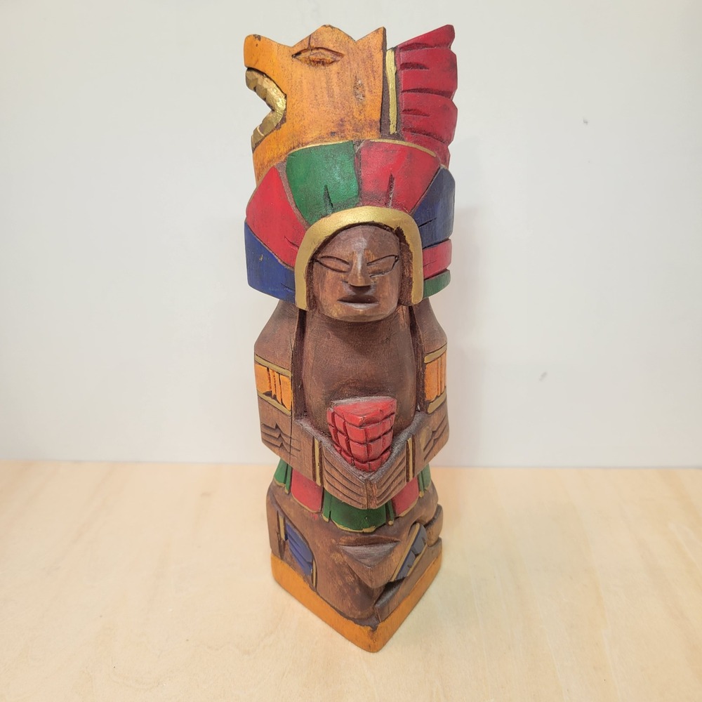 Hand Carved Wooden Tribal Figurine Warrior‎ Chief Colorful Headdress